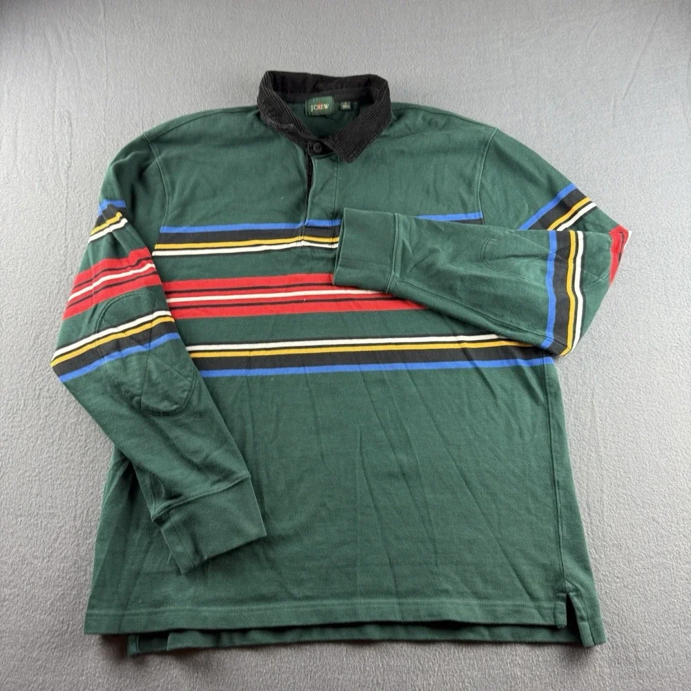 J Crew Shirt Men's L Green Rugby Polo Oarsman Corduroy Collar Striped Retro Y2K - Picture 2 of 9